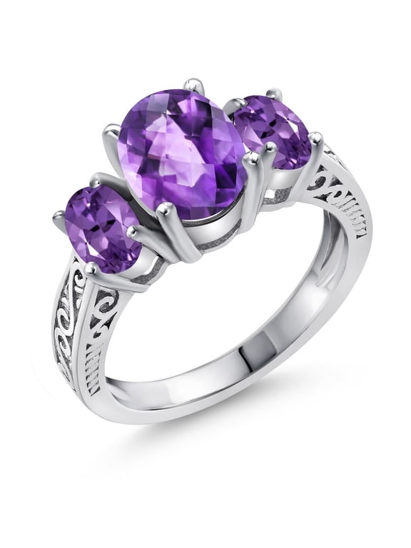 925 Sterling Silver Purple Amethyst 3-Stone Ring for Women (2.50 Cttw, Oval Checkerboard VS Gemstone Birthstone, Available 5,6,7,8,9)