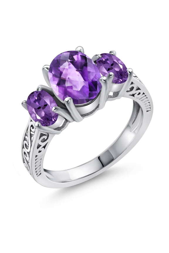 925 Sterling Silver Purple Amethyst 3-Stone Ring for Women (2.50 Cttw, Oval Checkerboard VS Gemstone Birthstone, Available 5,6,7,8,9)