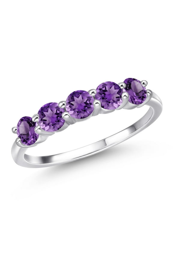 925 Sterling Silver Purple Amethyst 5-Stone Band Ring for Women (1.25 Cttw, Round 4MM, Gemstone Birthstone, Available in Size 5, 6, 7, 8, 9)