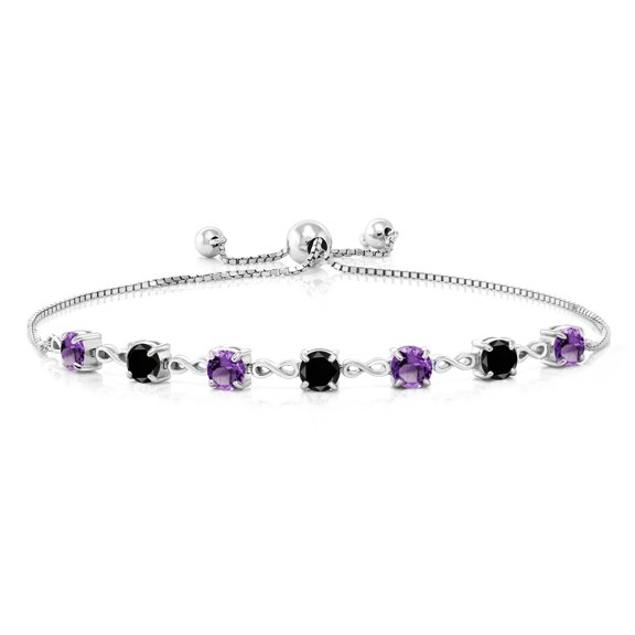 Gem Stone King 925 Sterling Silver Purple Amethyst and Black Diamond Infinity Links Bracelet for Women (2.43 Cttw, Round 4.5MM, Fully Adjustable up to 9 inch)