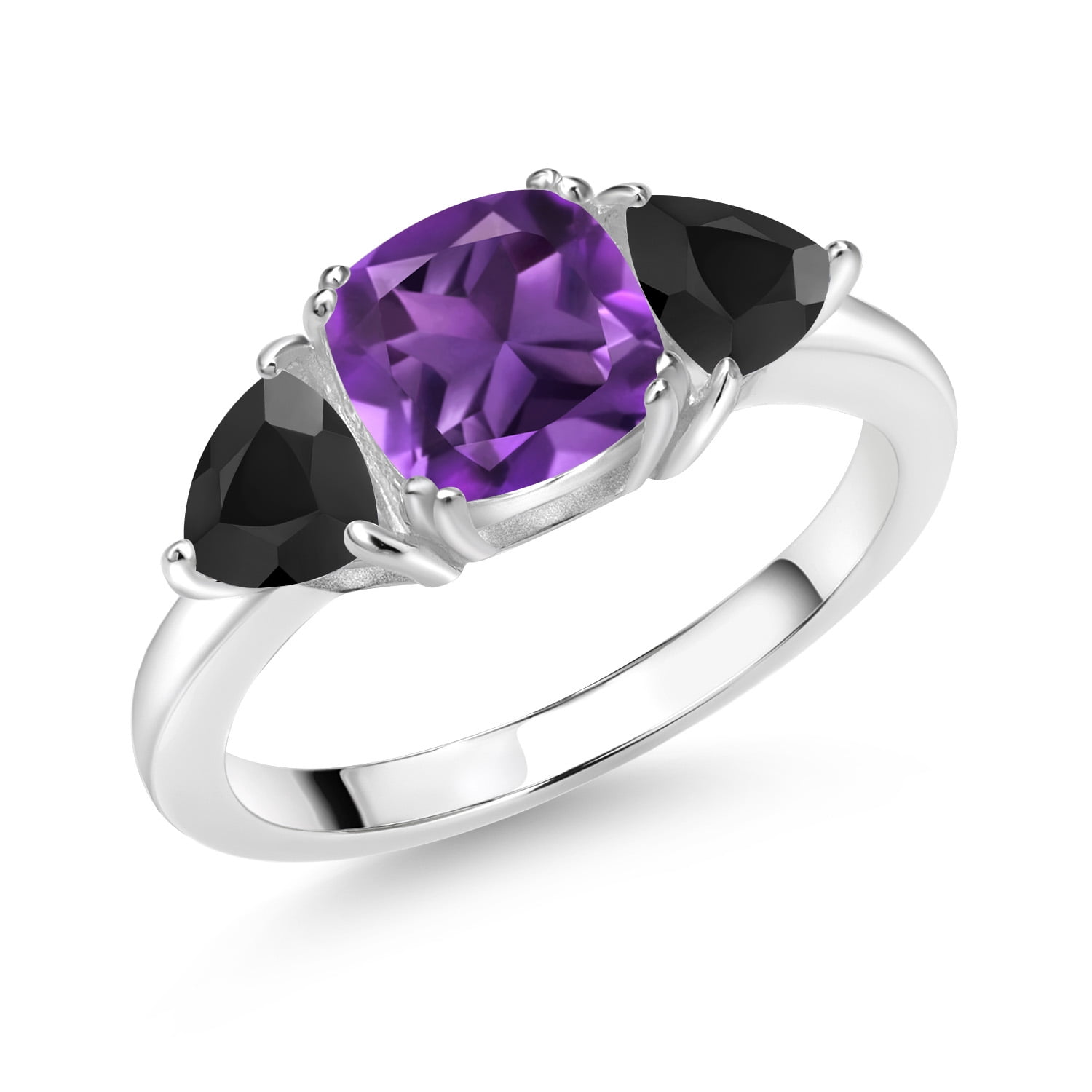 Gem Stone King 925 Sterling Silver Purple Amethyst and Black Onyx 3 Stone Engagement Ring for Women (2.12 Cttw, Gemstone February Birthstone, Available in Size 5, 6, 7, 8, 9)
