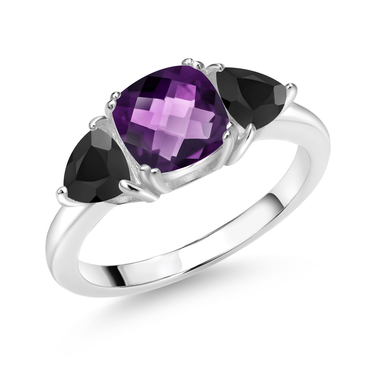 Gem Stone King 925 Sterling Silver Purple Amethyst and Black Onyx 3 Stone Engagement Ring for Women (2.12 Cttw, Gemstone February Birthstone, Available in Size 5, 6, 7, 8, 9)
