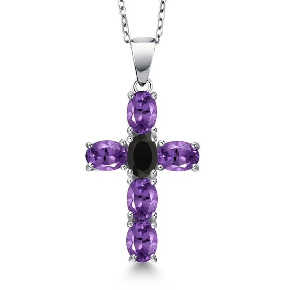Gem Stone King 925 Sterling Silver Purple Amethyst and Black Onyx Cross Pendant Necklace for Women | 2.65 Cttw | Gemstone February Birthstone | Oval 6X4MM | With 18 inch Chain