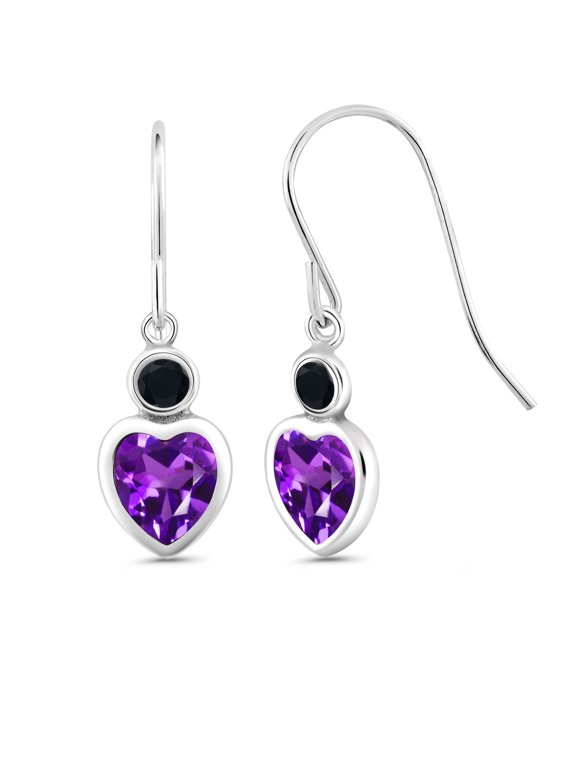 925 Sterling Silver Purple Amethyst and Black Onyx French Wire Dangle Hook Earrings for Women (1.80 Cttw, Gemstone February Birthstone, Heart Shape 6MM)