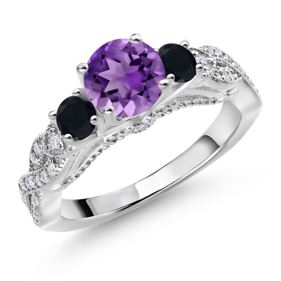 Gem Stone King 925 Sterling Silver Purple Amethyst Black Onyx and White Moissanite Engagement Ring for Women (1.47 Cttw, Gemstone February Birthstone, Round 6MM and 3MM, Size 7)
