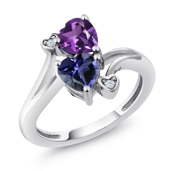 Gem Stone King 925 Sterling Silver Purple Amethyst Blue Iolite Ring for Women (1.26 Cttw, Heart Shape 6MM, Gemstone February Birthstone, Size 8)