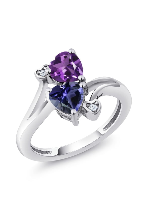 925 Sterling Silver Purple Amethyst Blue Iolite Ring for Women (1.26 Cttw, Heart Shape 6MM, Gemstone February Birthstone, Size 9)