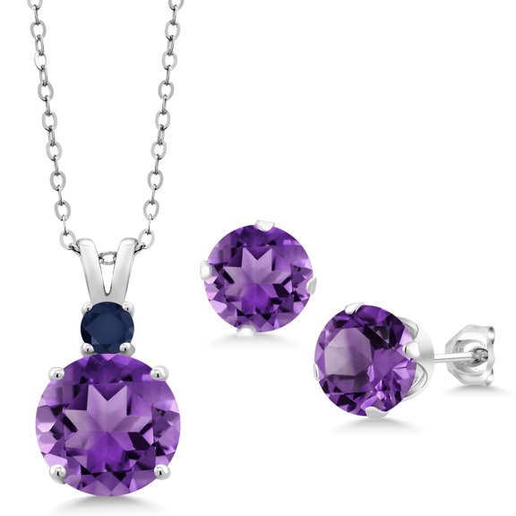 Gem Stone King 925 Sterling Silver Purple Amethyst and Blue Sapphire Pendant and Earrings Jewelry Set for Women (10.27 Cttw, Round 10MM, Gemstone February Birthstone, with 18 inch Silver Chain)