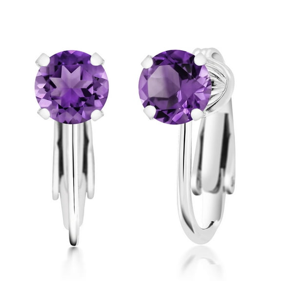 Gem Stone King 925 Sterling Silver Purple Amethyst Clip On Earrings for Women (1.50 Cttw, Gemstone Birthstone, Round 6MM)