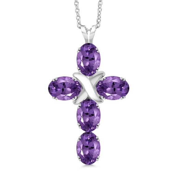 Gem Stone King 925 Sterling Silver Purple Amethyst Cross Pendant Necklace for Women (2.25 Cttw, Gemstone February Birthstone, Oval 6X4MM, With 18 inch Silver Chain)