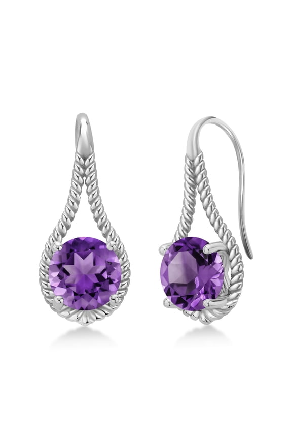 925 Sterling Silver Purple Amethyst Dangle Earrings for Women (2.40 Cttw, Gemstone Birthstone, Round 7MM)
