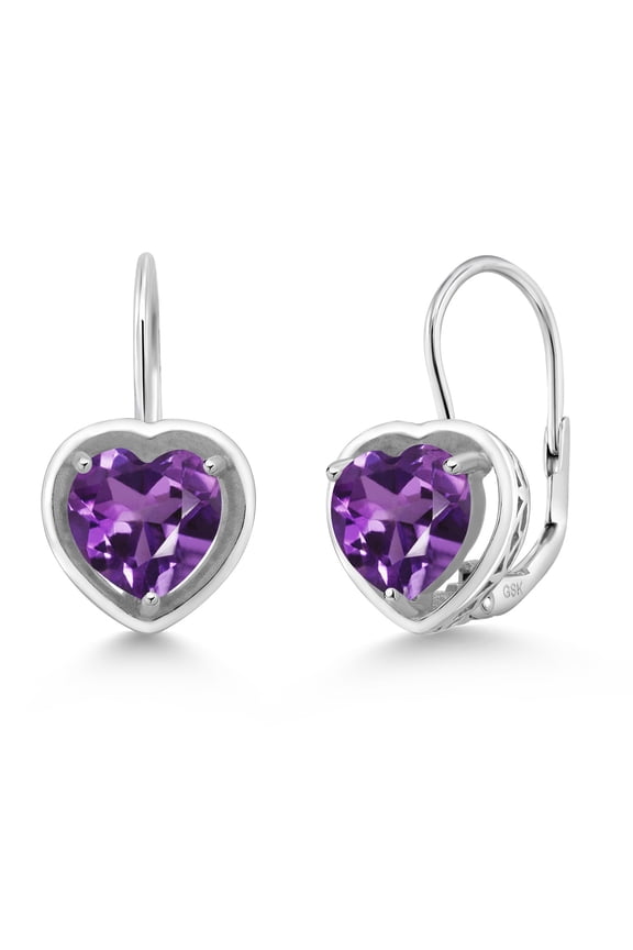 925 Sterling Silver Purple Amethyst Dangle Leverback Earrings for Women (1.80 Cttw, Gemstone Birthstone, Heart Shape 7MM)