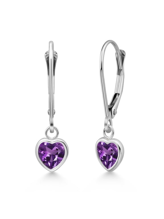 925 Sterling Silver Purple Amethyst Drop Dangle Leverback Earrings for Women (1.60 Cttw, Gemstone February Birthstone, Heart Shape 6MM)