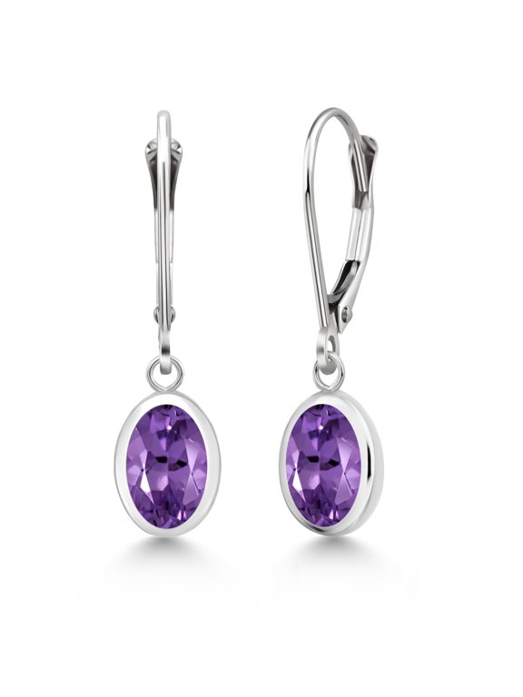 925 Sterling Silver Purple Amethyst Drop Dangle Leverback Earrings for Women (2.30 Cttw, Gemstone February Birthstone, Oval 8X6MM)