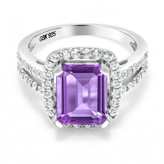 Gem Stone King 925 Sterling Silver Purple Amethyst Engagement Ring for Women (4.12 Cttw, Gemstone Birthstone, Emerald Cut 10X8MM, Size 7)