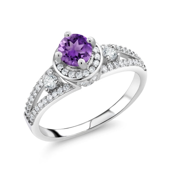 Gem Stone King 925 Sterling Silver Purple Amethyst Engagement Ring for Women (1.42 Cttw, Round 5MM, Gemstone February Birthstone, Size 8)