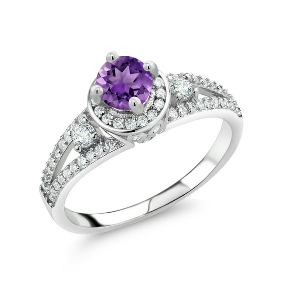 Gem Stone King 925 Sterling Silver Purple Amethyst Engagement Ring for Women (1.42 Cttw, Round 5MM, Gemstone February Birthstone, Size 9)