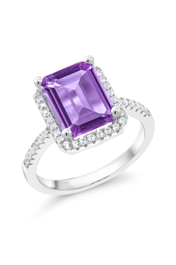 925 Sterling Silver Purple Amethyst Engagement Ring for Women (3.86 Cttw, Emerald Cut 10X8MM, Gemstone February Birthstone, Size 7)