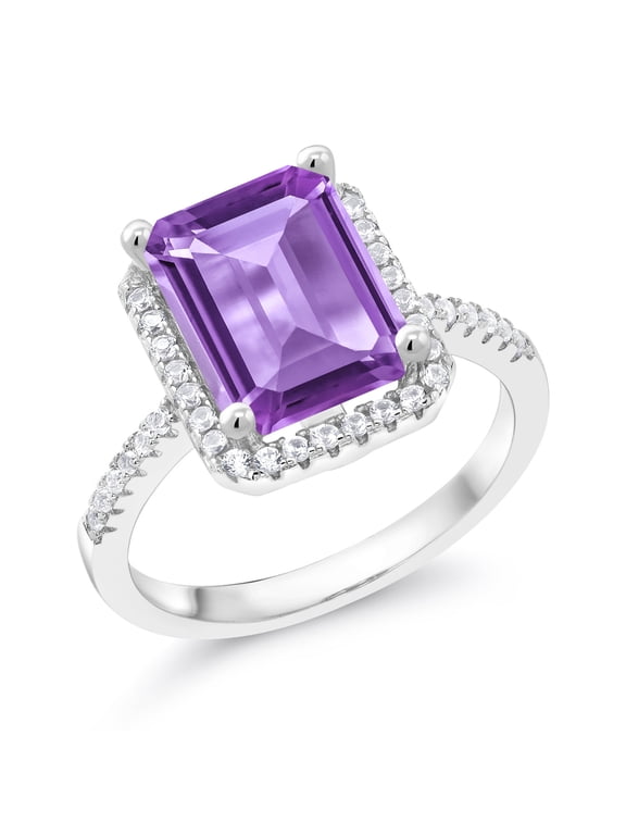 925 Sterling Silver Purple Amethyst Engagement Ring for Women (3.86 Cttw, Emerald Cut 10X8MM, Gemstone February Birthstone, Size 8)
