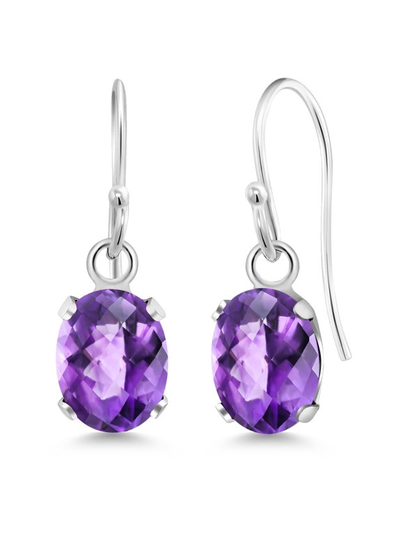 925 Sterling Silver Purple Amethyst French Wire Dangle Hook Earrings for Women (1.50 Cttw, Gemstone February Birthstone, Oval Checkerboard 7X5MM)