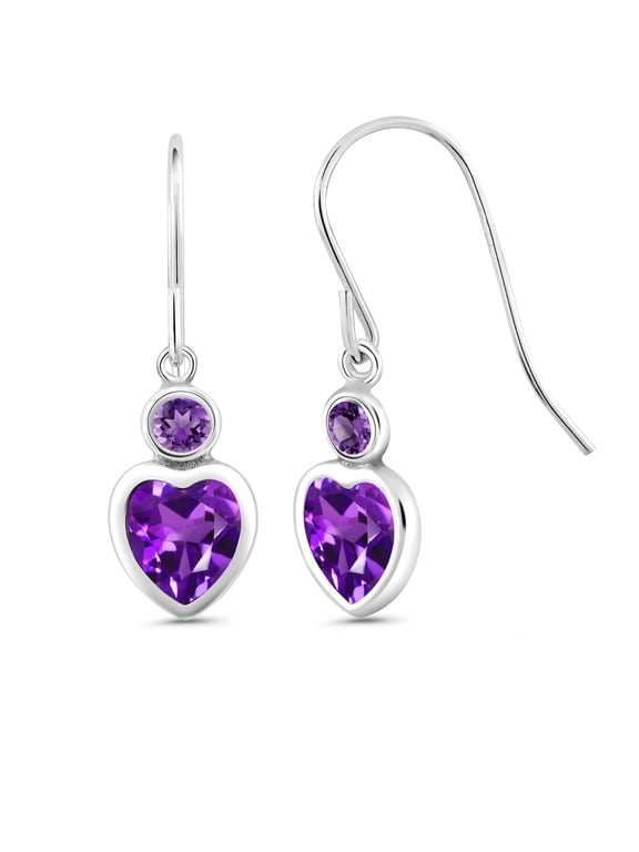 1.80 Cttw Purple Amethyst French Wire Dangle Hook Earrings for Women | 925 Sterling Silver | Gemstone February Birthstone | Heart Shape 6MM