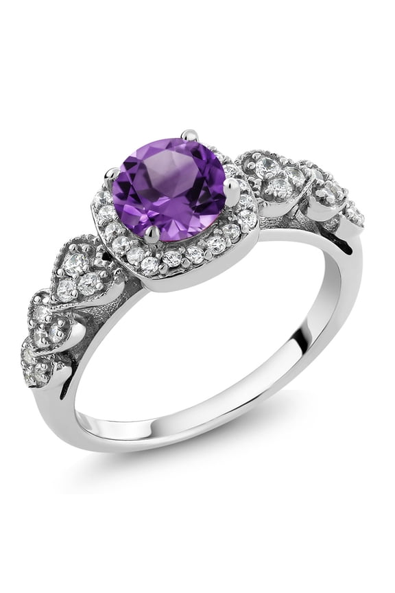 925 Sterling Silver Purple Amethyst Gemstone Birthstone Engagement Ring for Women (1.02 Cttw, Round 6MM, Gemstone Birthstone, Available in Size 5, 6, 7, 8, 9)