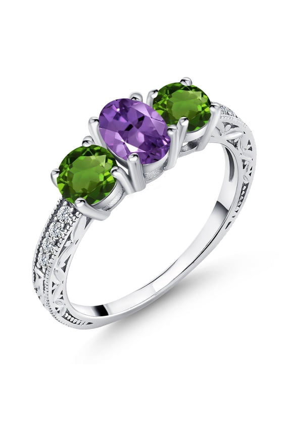 925 Sterling Silver Purple Amethyst and Green Chrome Diopside Ring for Women (1.87 Cttw, Oval 7X5MM, Gemstone Birthstone, Size 8)
