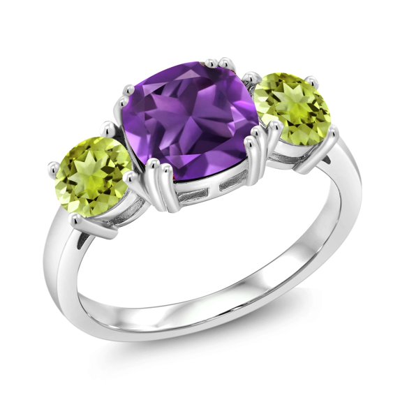 Gem Stone King 925 Sterling Silver Purple Amethyst and Green Peridot 3 Stone Engagement Ring for Women (3.20 Cttw, Gemstone February Birthstone, Cushion 8MM, Size 9)