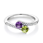 Gem Stone King 925 Sterling Silver Purple Amethyst and Green Peridot Bypass Ring for Women 0.79 Cttw, Gemstone February Birthstone, Round 4MM, Available in Size 5, 6, 7, 8, 9