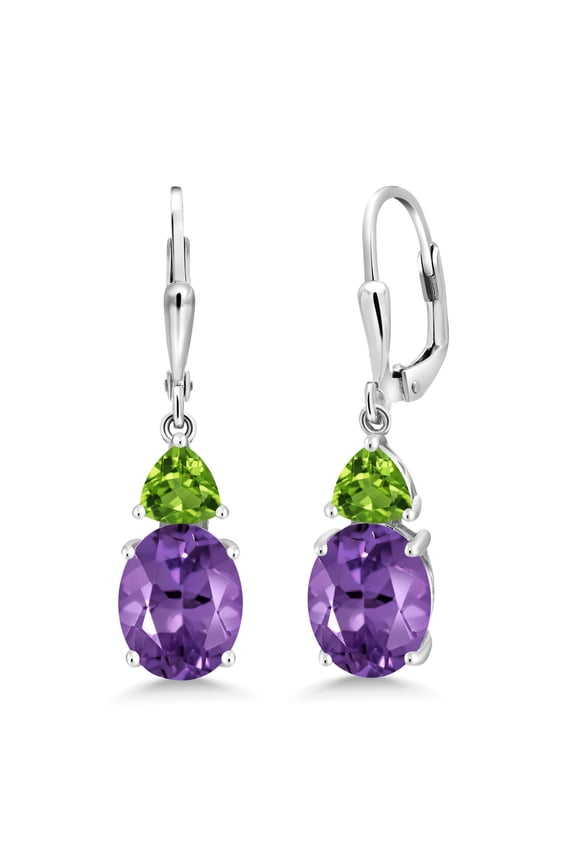 5.56 Cttw Purple Amethyst and Green Peridot Dangle Earrings for Women | 925 Sterling Silver | Gemstone February Birthstone | Oval 10X8MM and Trillion 5MM