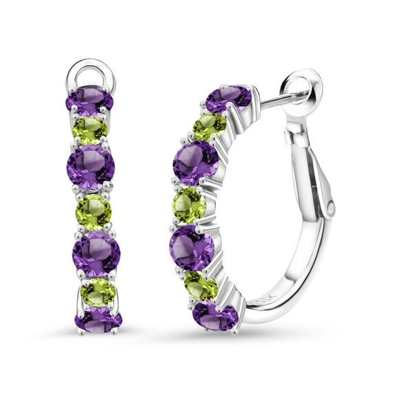 Gem Stone King 925 Sterling Silver Purple Amethyst and Green Peridot Hoop Earrings for Women (2.72 Cttw, Gemstone February Birthstone, Round 4MM and 3MM)