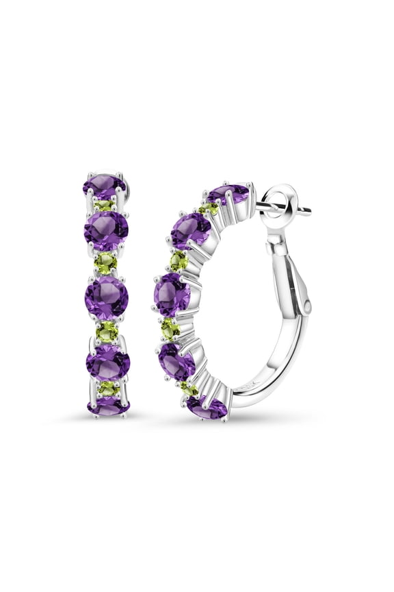 2.90 Cttw Purple Amethyst and Green Peridot Hoop Earrings for Women | 925 Sterling Silver | Round 4MM and 1.9MM | Gemstone Birthstone | 1 inch Diameter
