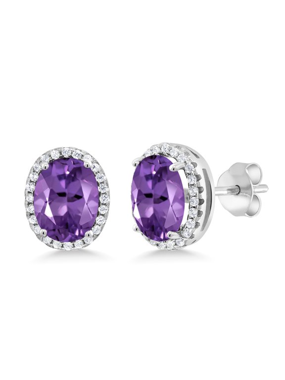 925 Sterling Silver Purple Amethyst Halo Earrings for Women 3.80 Cttw, Gemstone Birthstone, Oval 9X7MM