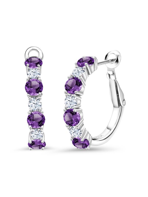 925 Sterling Silver Purple Amethyst Hoop Earrings for Women (2.66 Cttw, Gemstone February Birthstone, Round 4MM and 3MM)
