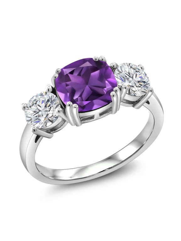 3.10 Cttw Purple Amethyst and Lab Grown Diamond Engagement 3-Stone Ring for Women | 925 Sterling Silver | Cushion 8MM and Round 5MM | Gemstone Birthstone | Size 5