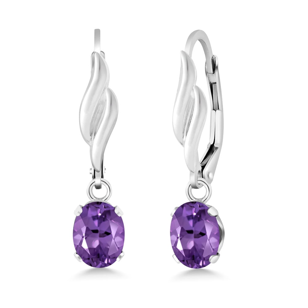 Gem Stone King 925 Sterling Silver Purple Amethyst Leverback Dangle Drop Earrings for Women (1.50 Cttw, Gemstone February Birthstone, Oval 7X5MM)