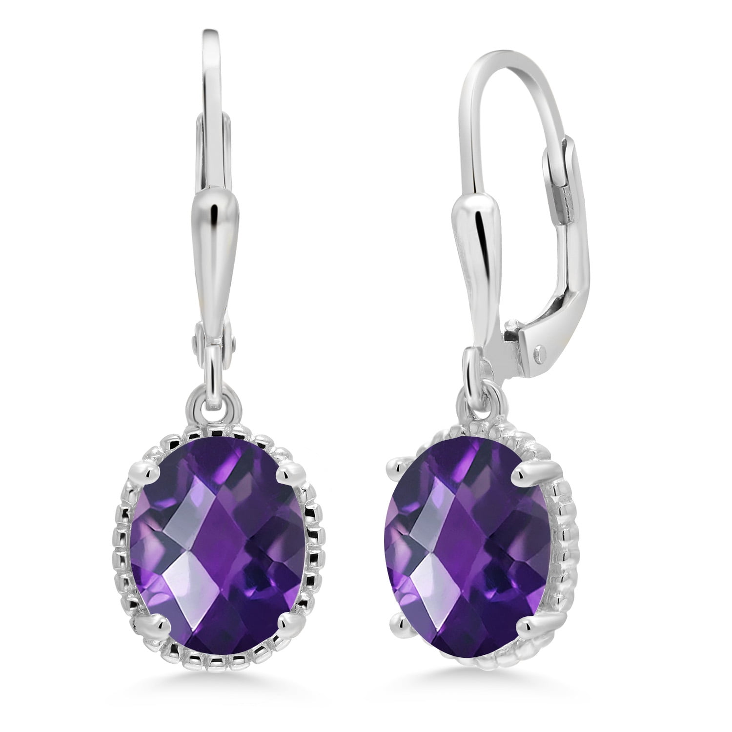 Gem Stone King 925 Sterling Silver Purple Amethyst Leverback Dangle Earrings for Women (3.00 Cttw, Gemstone February Birthstone, Oval Checkerboard 9X7MM)