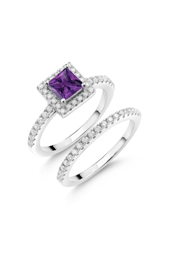 925 Sterling Silver Purple Amethyst and Moissanite Women Wedding Engagement Ring Band Bridal Set (1.21 Cttw, Princess Cut 5MM, Available in Size 5, 6, 7, 8, 9)