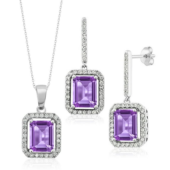 Gem Stone King 925 Sterling Silver Purple Amethyst Pendant and Earrings Jewelry Set for Women (7.33 Cttw, Gemstone February Birthstone, Octagon 9X7MM, with 18 inch Chain)