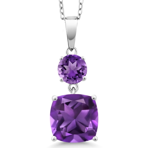 Gem Stone King 925 Sterling Silver Purple Amethyst Pendant Necklace for Women (4.00 Cttw, Gemstone February Birthstone, Cushion 10MM, Round 6MM)