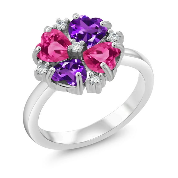 Gem Stone King 925 Sterling Silver Purple Amethyst and Pink Created Sapphire Ring for Women (2.08 Cttw, Heart Shape 5MM, Gemstone February Birthstone, Size 5)