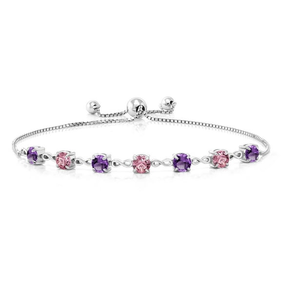 Gem Stone King 925 Sterling Silver Purple Amethyst and Pink Lab Grown Diamond Infinity Tennis Bracelet for Women (2.40 Cttw, Gemstone February Birthstone, Round 4.5MM, Fully Adjustable up to 9 inch)