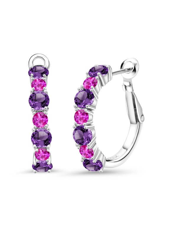 925 Sterling Silver Purple Amethyst and Pink Sapphire Hoop Earrings for Women (2.80 Cttw, Gemstone February Birthstone, Round 4MM and 3MM)