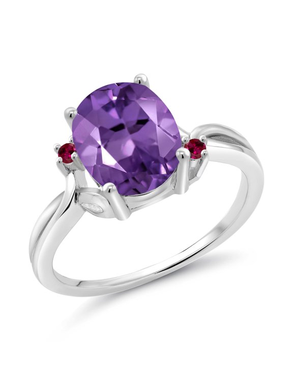 925 Sterling Silver Purple Amethyst and Red Created Ruby 3 Stone Ring for Women (2.33 Cttw, Oval 10X8MM, Gemstone February Birthstone, Size 8)