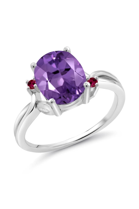 925 Sterling Silver Purple Amethyst and Red Created Ruby 3 Stone Ring for Women (2.33 Cttw, Oval 10X8MM, Gemstone February Birthstone, Size 7)