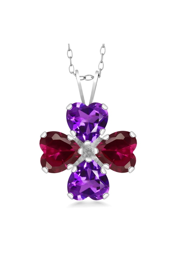 925 Sterling Silver Purple Amethyst and Red Created Ruby 4 Heart Shape Gemstone February Birthstone Pendant Necklace for Women (3.40 Cttw, 6MM Heart, with 18 inch Silver Chain)