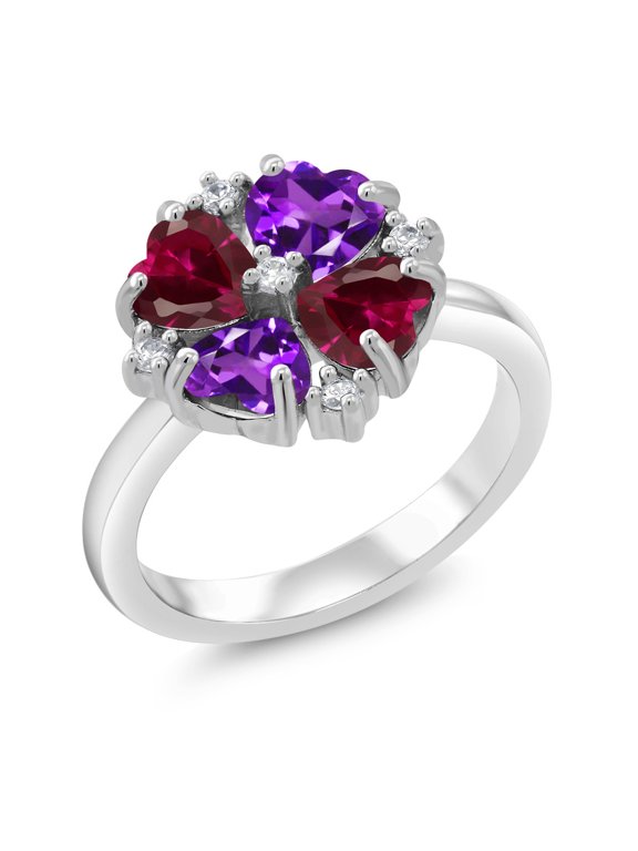 2.08 Cttw Purple Amethyst and Red Created Ruby Ring for Women | 925 Sterling Silver | Heart Shape 5MM | Gemstone Birthstone | Wedding Engagement Anniversary Promise Ring | Size 9
