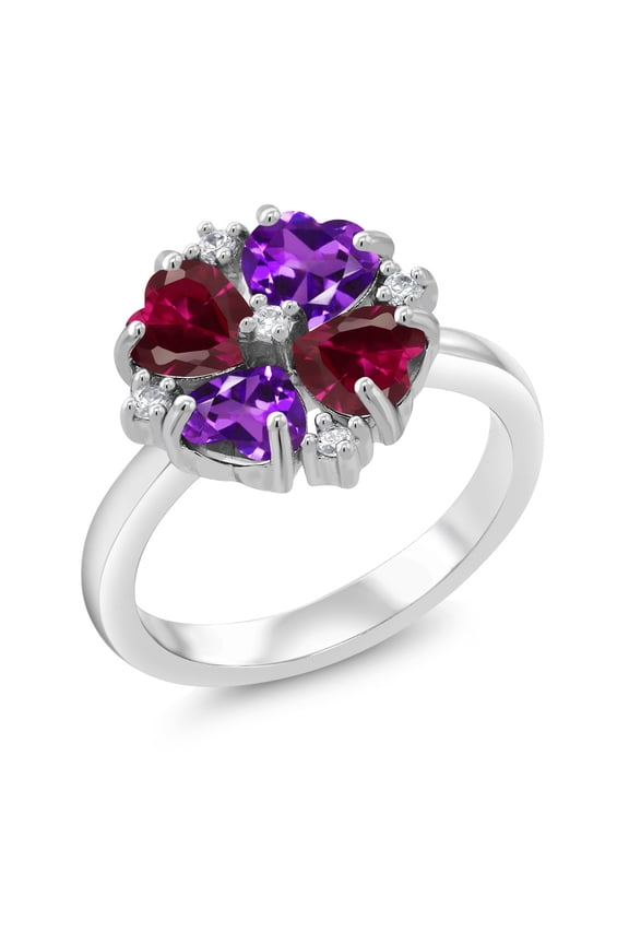 925 Sterling Silver Purple Amethyst and Red Created Ruby Ring for Women (2.08 Cttw, Heart Shape 5MM, Gemstone February Birthstone, Size 9)