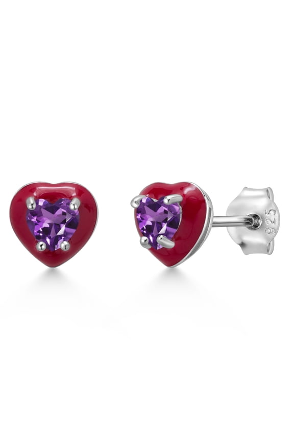 925 Sterling Silver Purple Amethyst Red Enamel Stud Earrings for Women Men (0.50 Cttw, Gemstone Birthstone, Heart Shape 4MM)