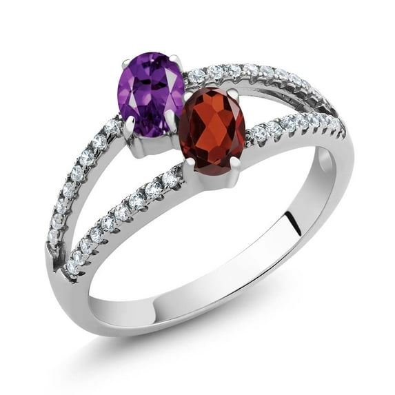 Gem Stone King 925 Sterling Silver Purple Amethyst and Red Garnet 2 Stone Ring for Women (1.26 Cttw, Gemstone Birthstone, Available in Size 5, 6, 7, 8, 9)